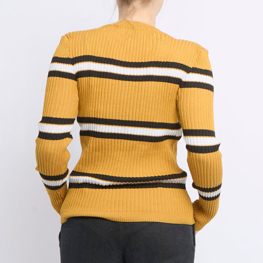 Striped V-Neck RIbbed Sweater - UK 10