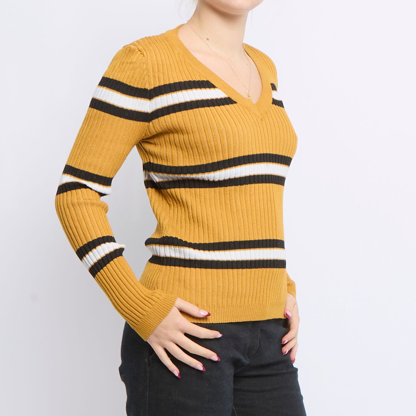 Striped V-Neck RIbbed Sweater - UK 10