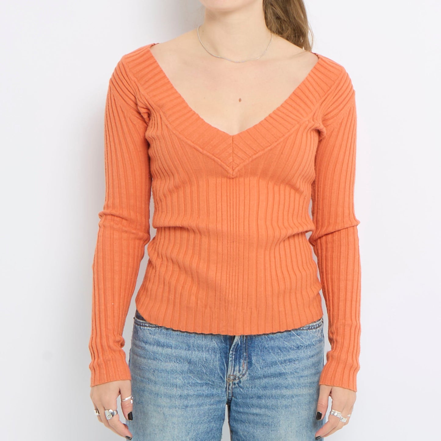 Low V-Neck Ribbed Top - UK 10