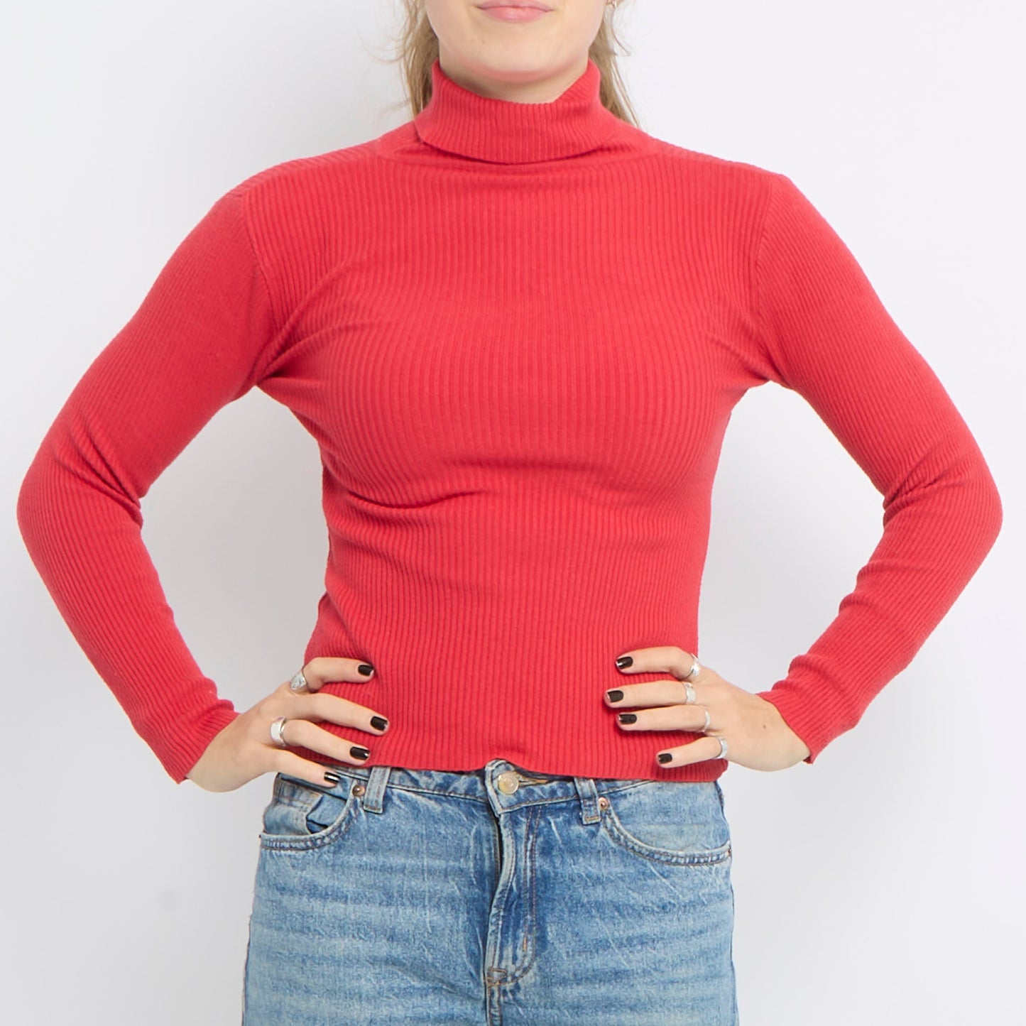 Polo Neck Ribbed Knit Top - UK 10