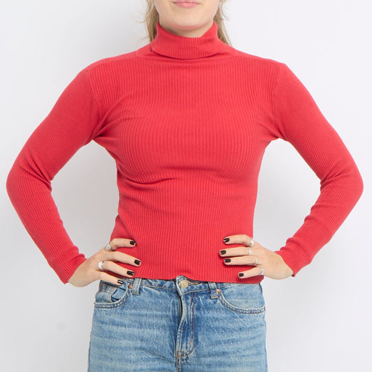 Polo Neck Ribbed Knit Top - UK 10