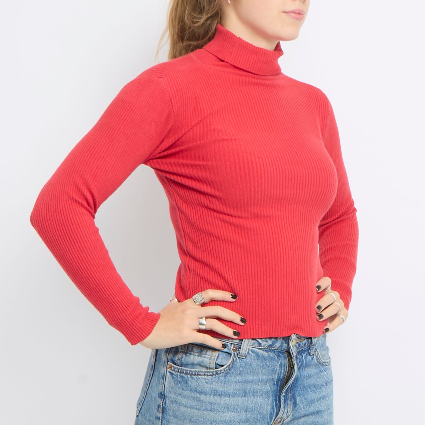 Polo Neck Ribbed Knit Top - UK 10