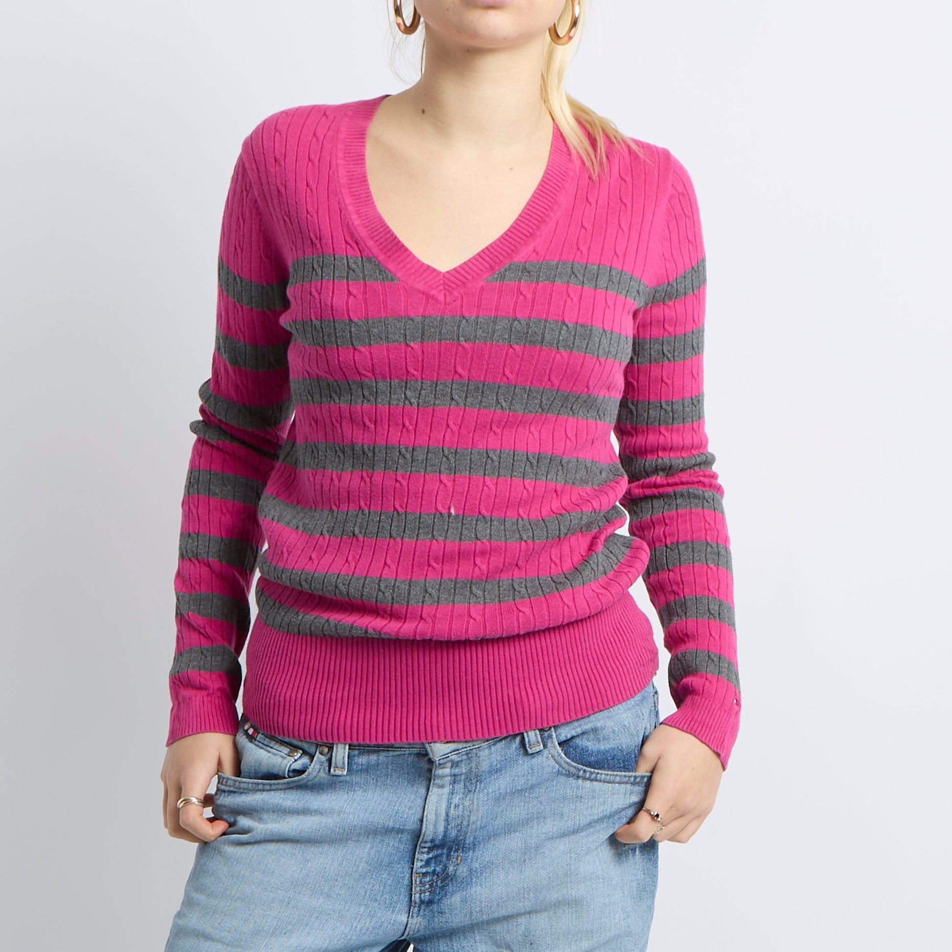 Cable Knit V-Neck Sweatshirt - UK 10