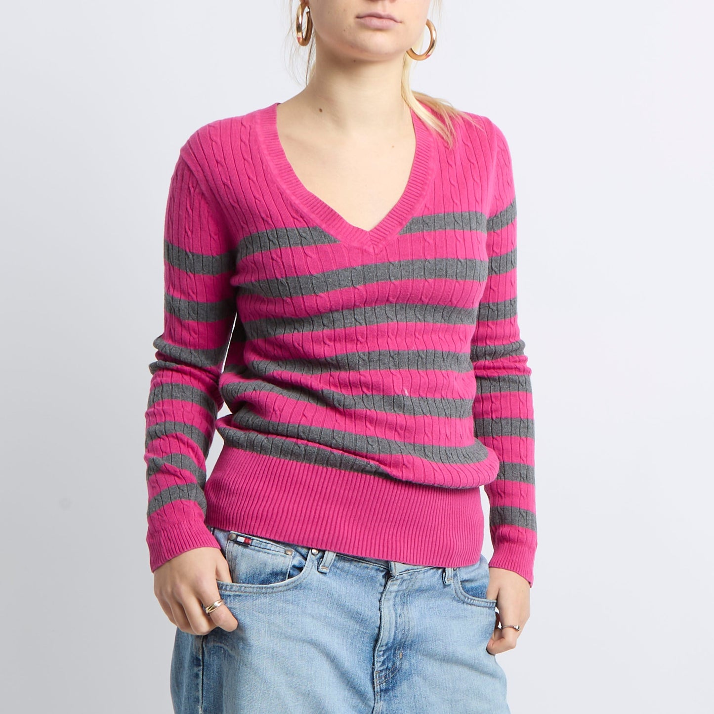 Cable Knit V-Neck Sweatshirt - UK 10