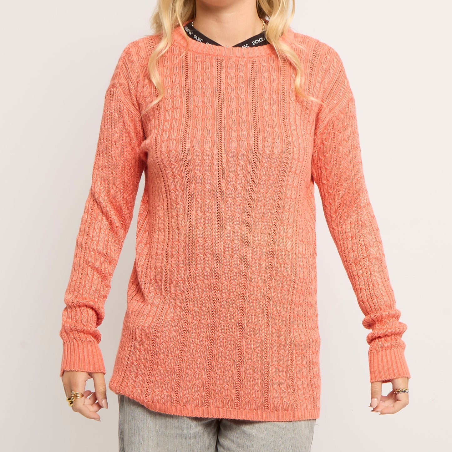 Cableknit Long Knitted Crewneck Sweater - UK 10