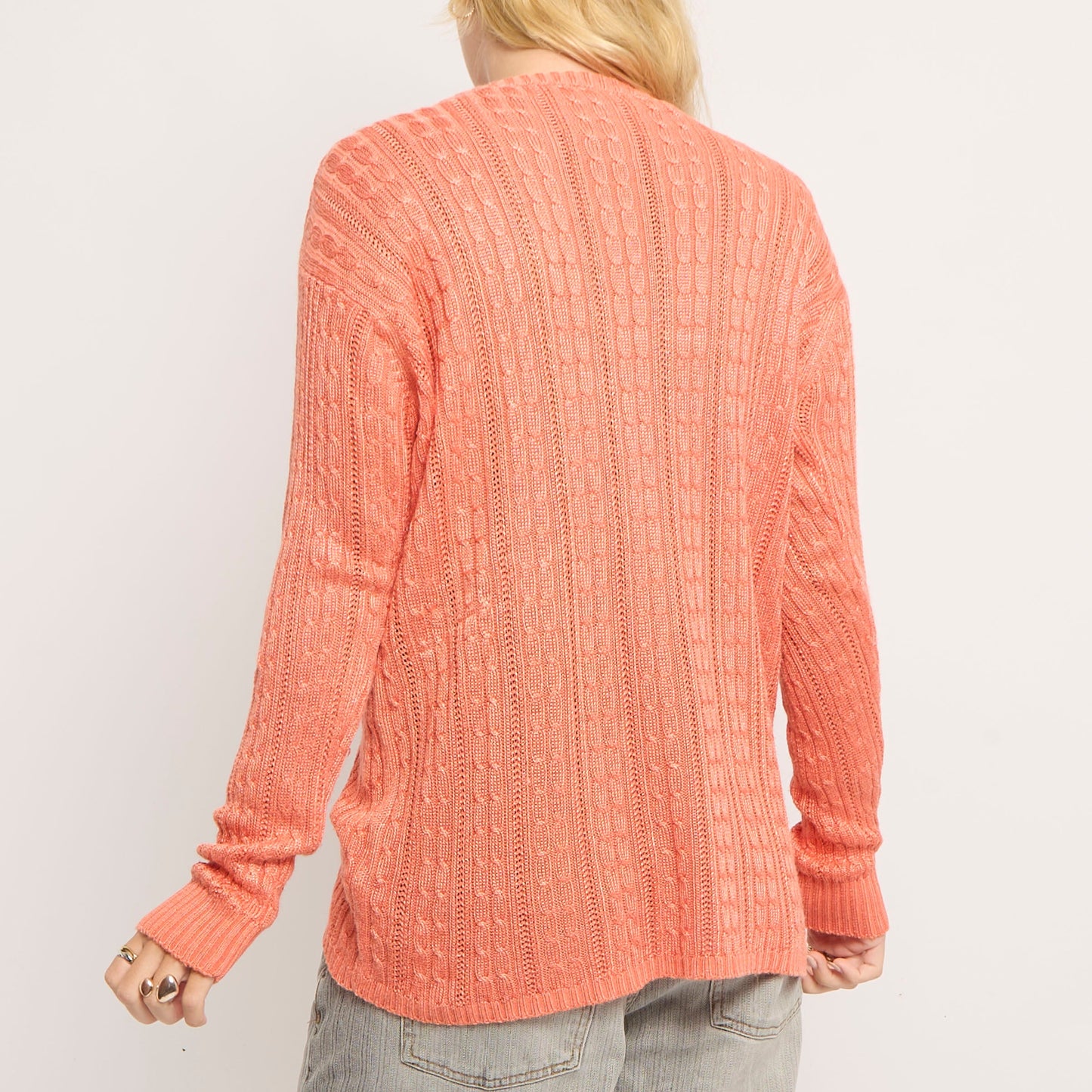 Cable Knit Long Knitted Crew Neck Sweater - UK 10