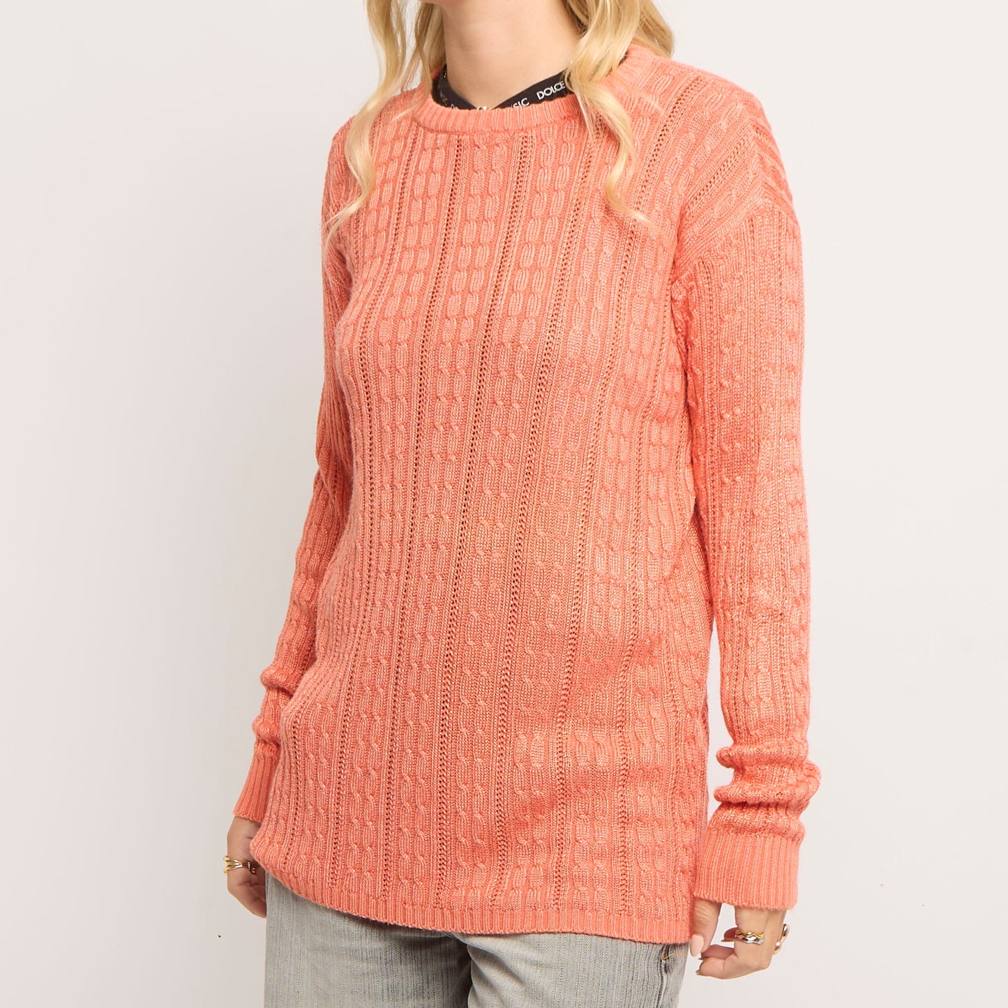 Cable Knit Long Knitted Crew Neck Sweater - UK 10