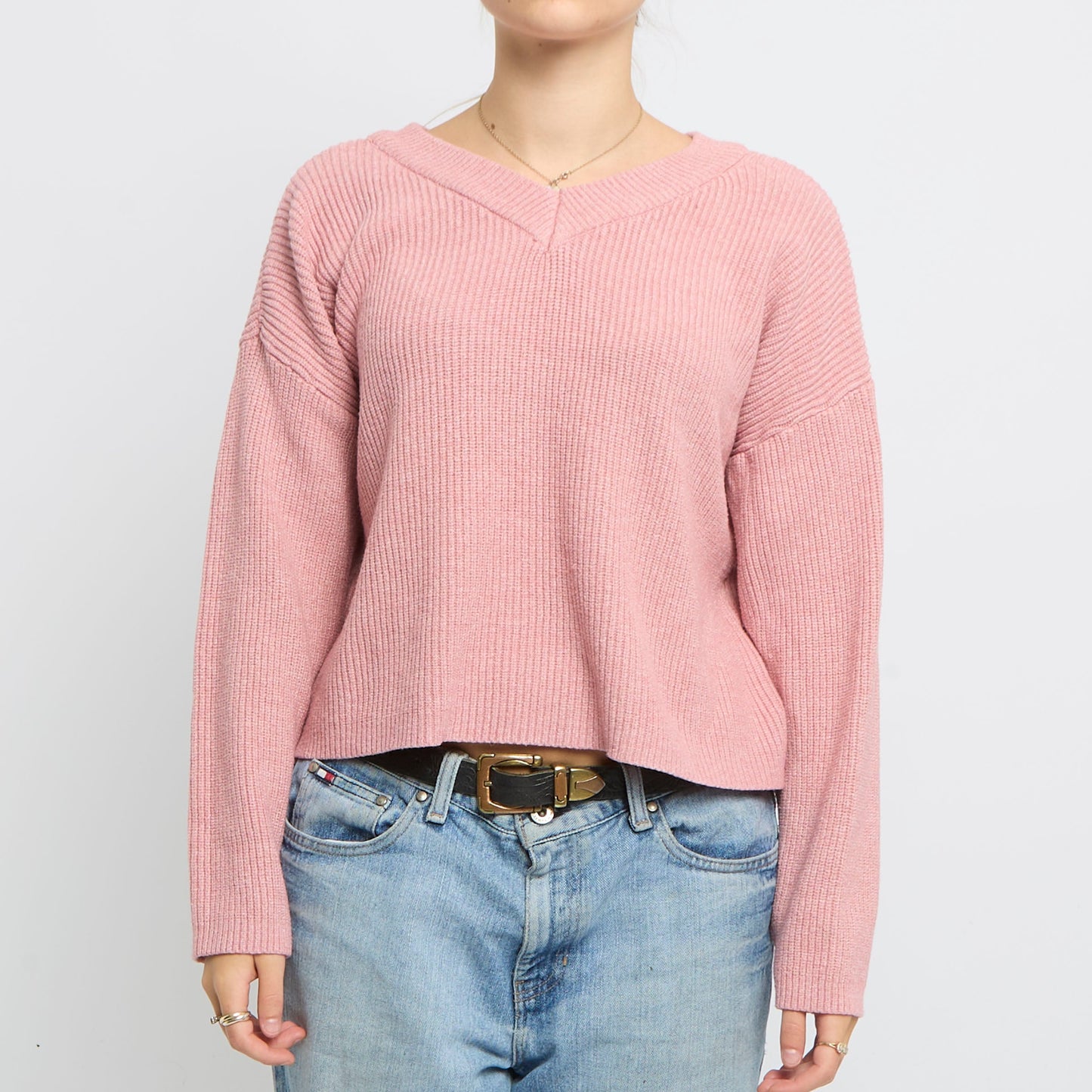 V-Neck Cropped Ribbed Knitted Jumper- UK 10