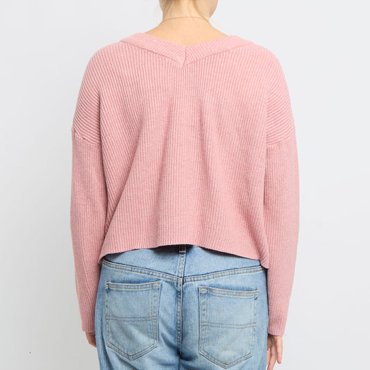 V-Neck Cropped Ribbed Knitted Jumper- UK 10