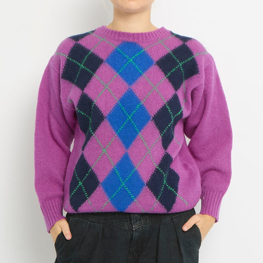 Argyle Pattern Wool Knit Jumper- UK 10