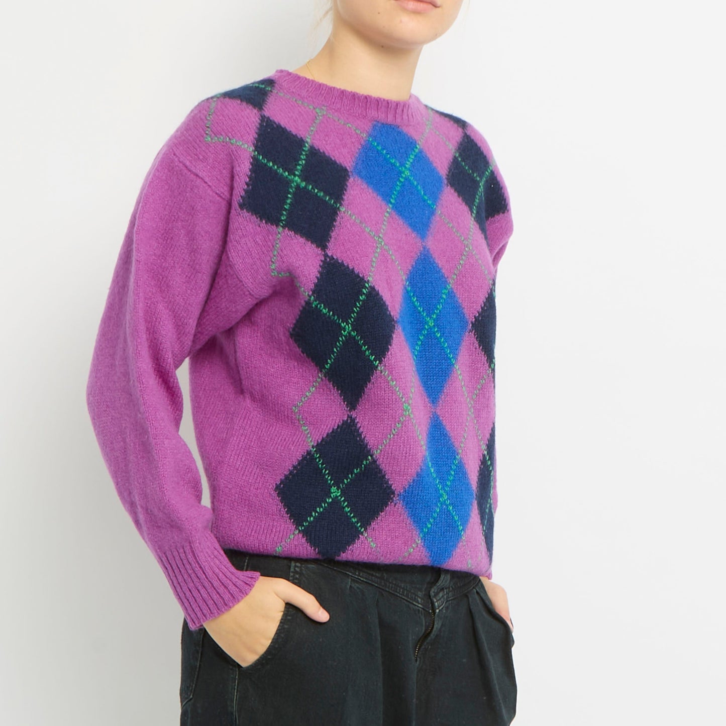 Argyle Pattern Wool Knit Jumper - UK 10