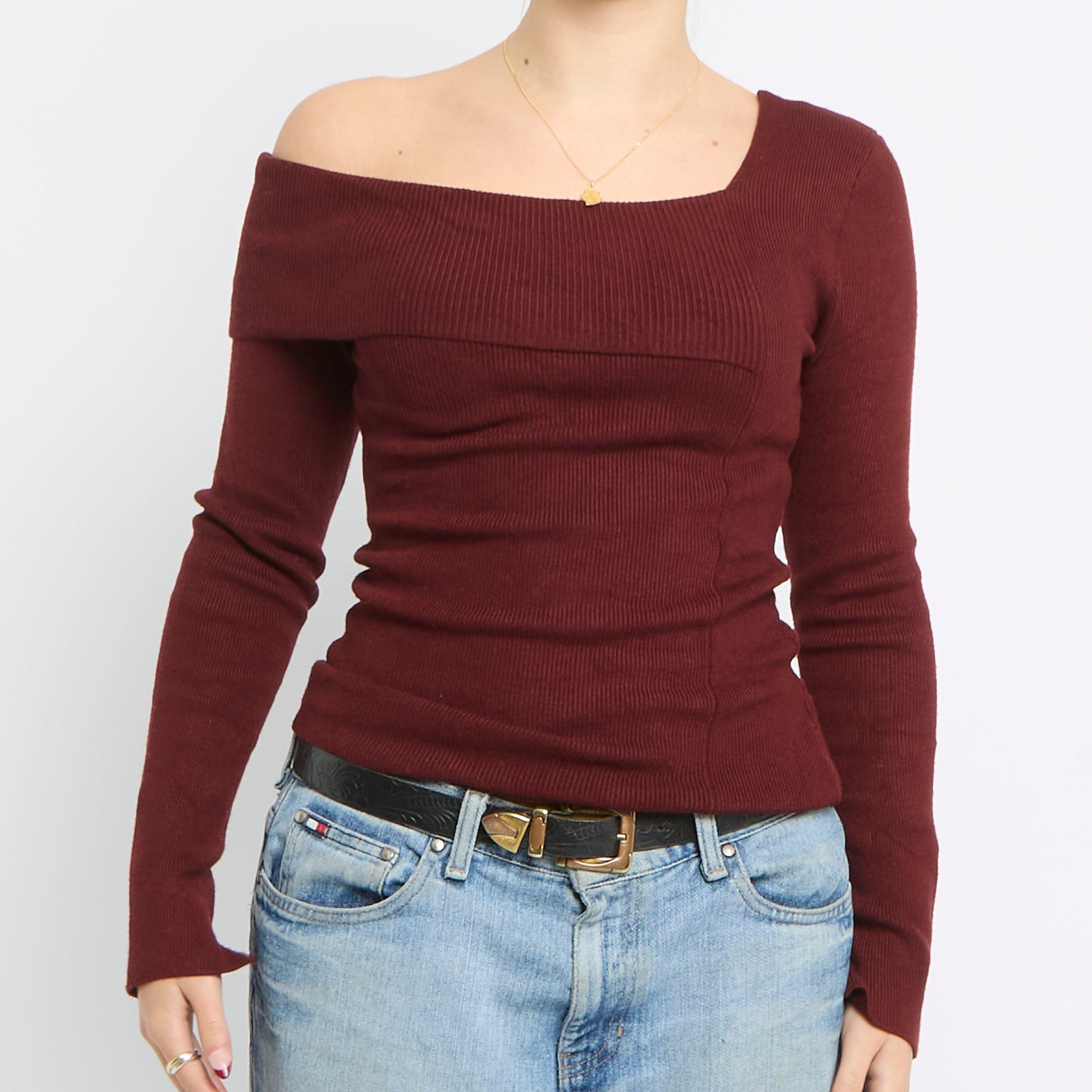 Asymmetric Off The Shoulder Knit Top - UK 10