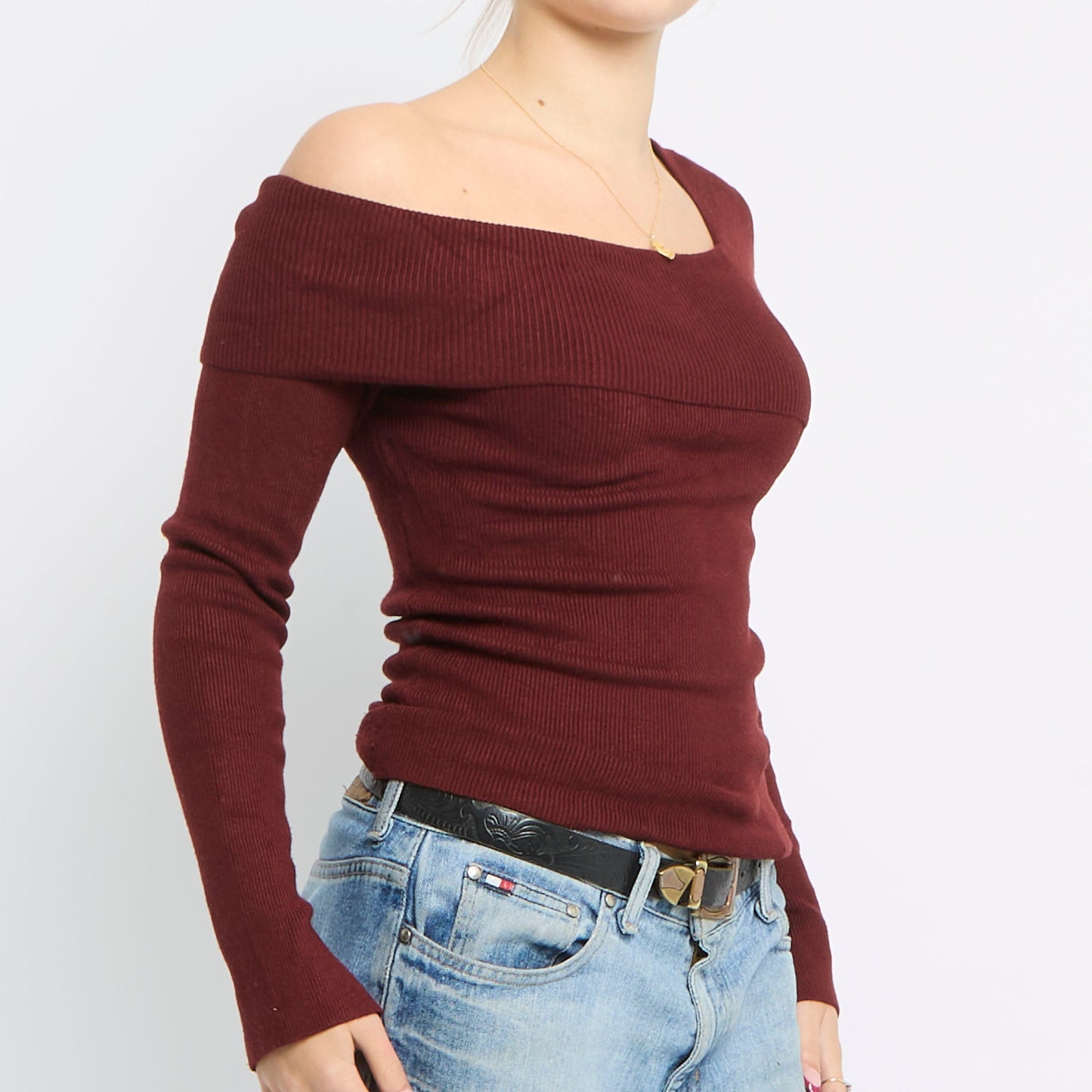 Asymmetric Off The Shoulder Knit Top - UK 10