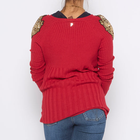 Appliqué Sequin Shoulders Rib Sweater - UK 10