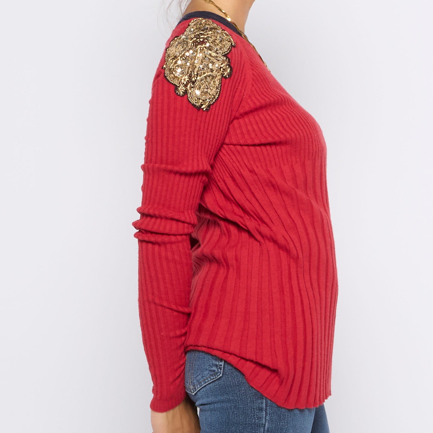 Appliqué Sequin Shoulders Rib Sweater - UK 10