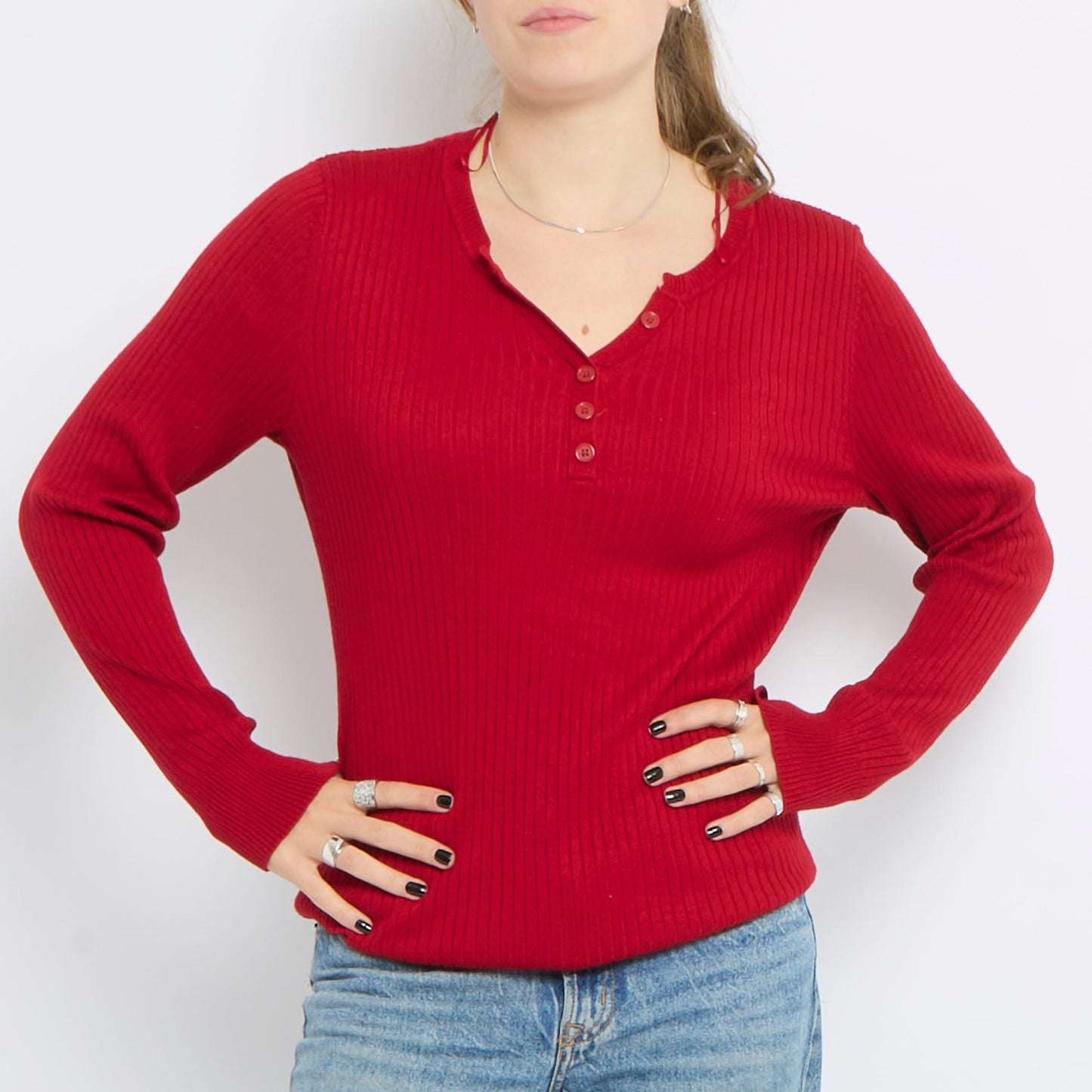 Button Up Ribbed Long Sleeve Top - UK 10