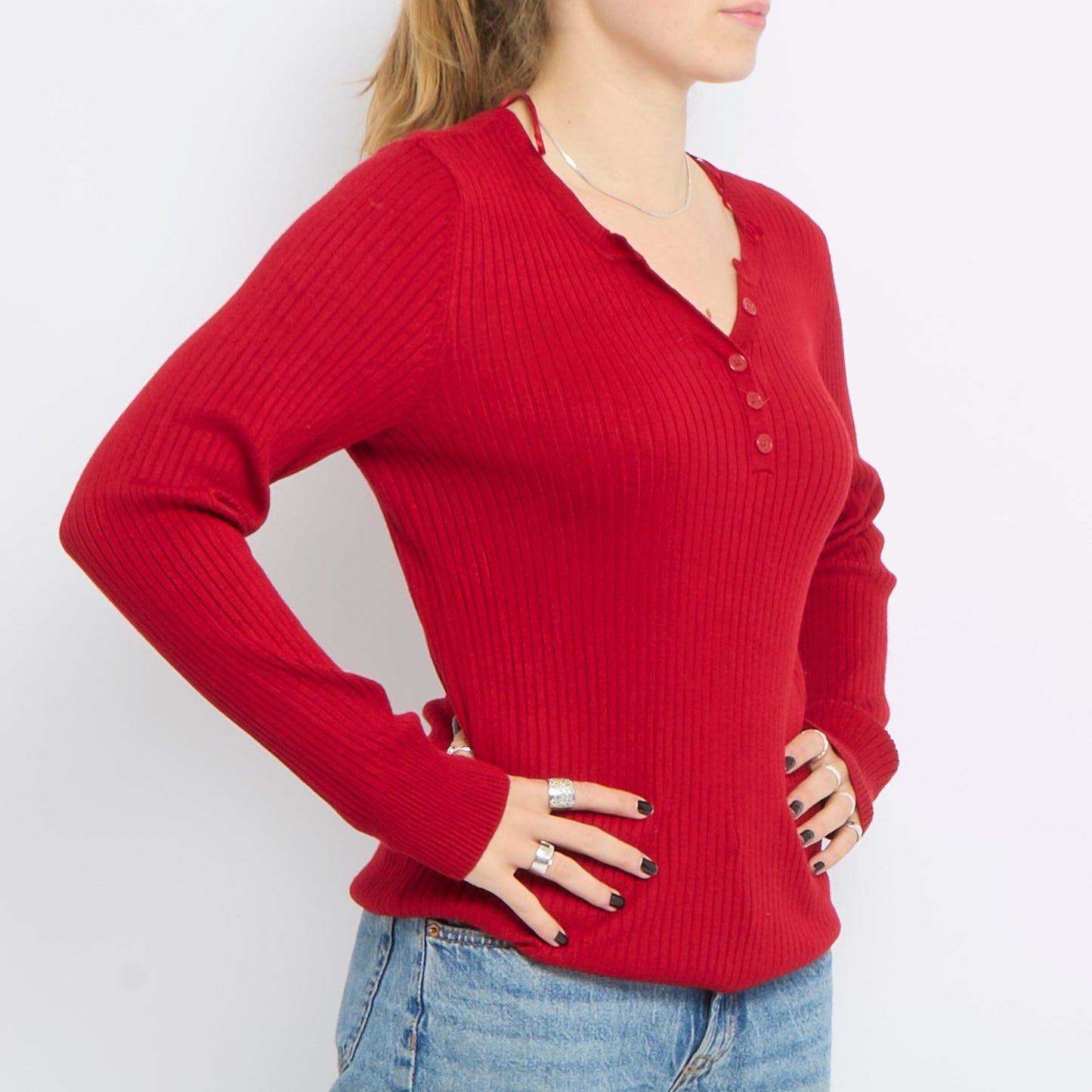 Button Up Ribbed Long Sleeve Top - UK 10