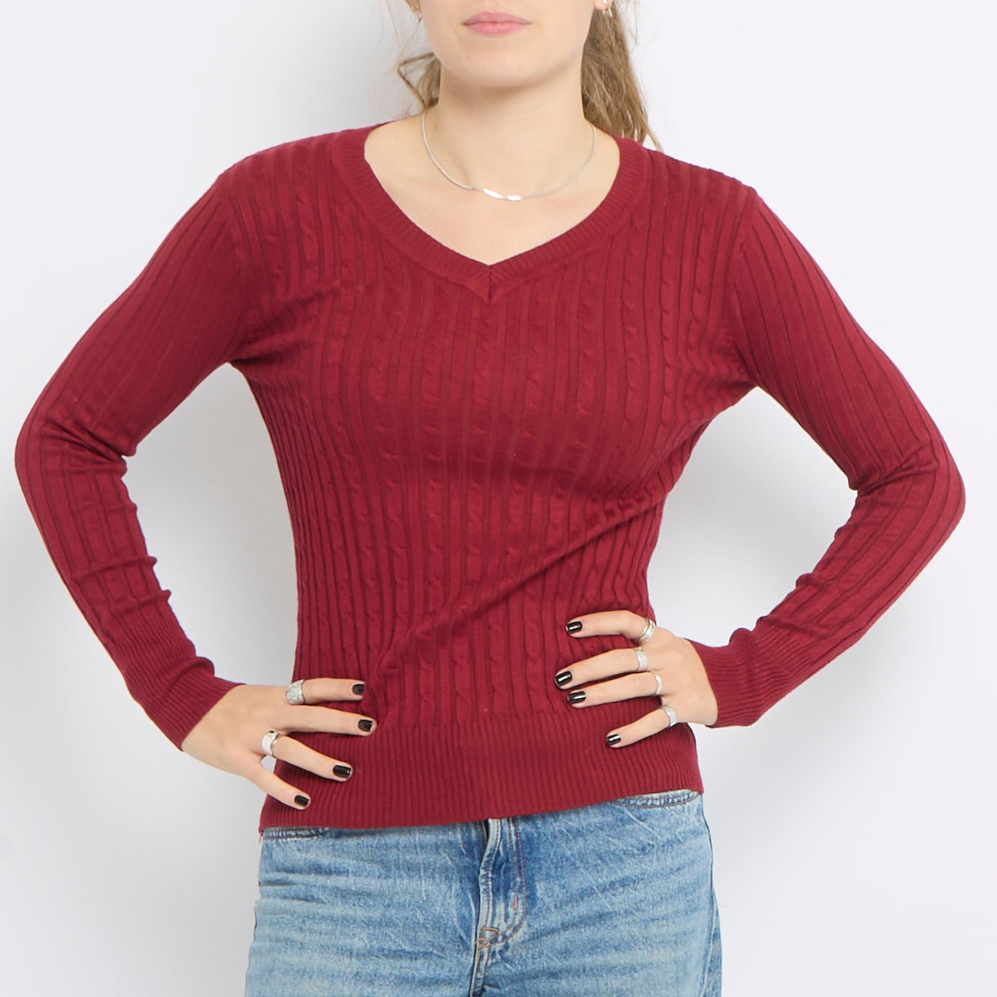 Cable Knit V-Neck Top - UK 10