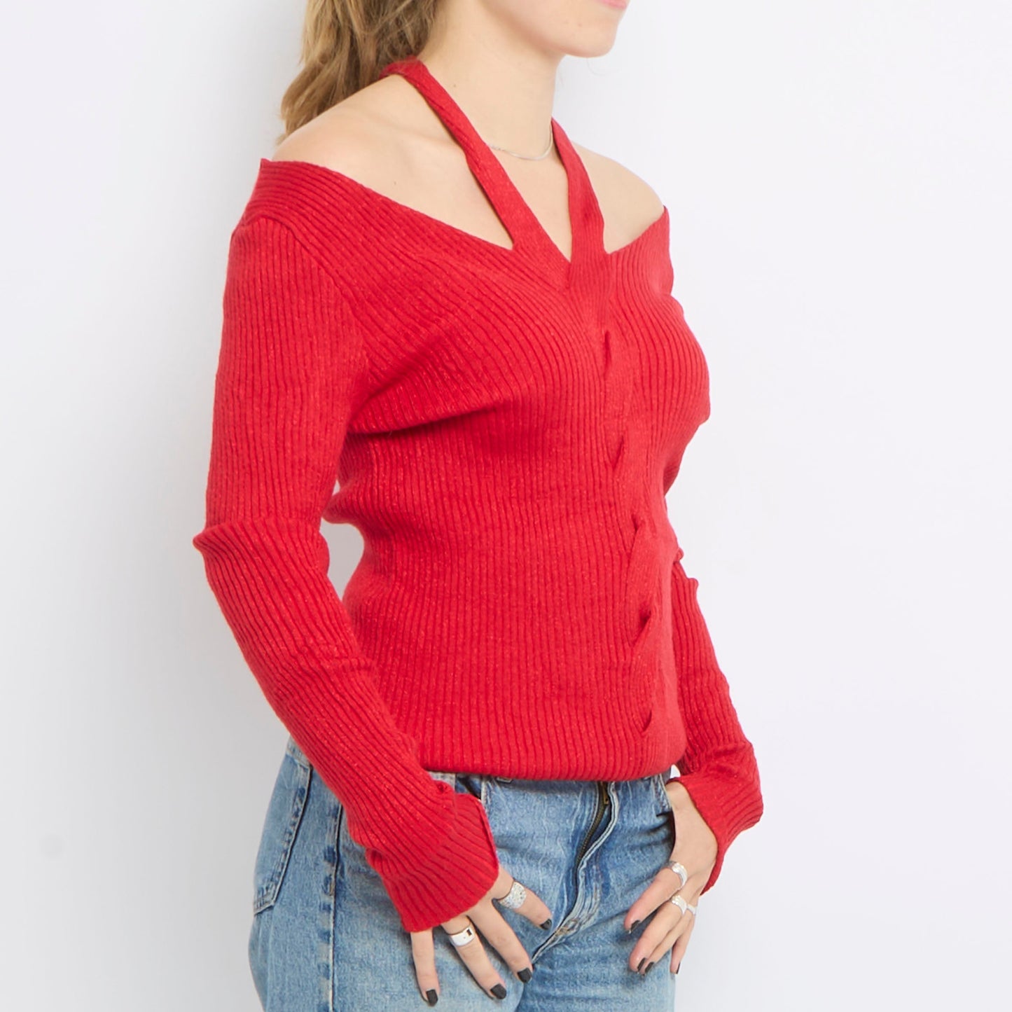 Halter Detail Sparkly Ribbed Long Sleeve Top - UK 10