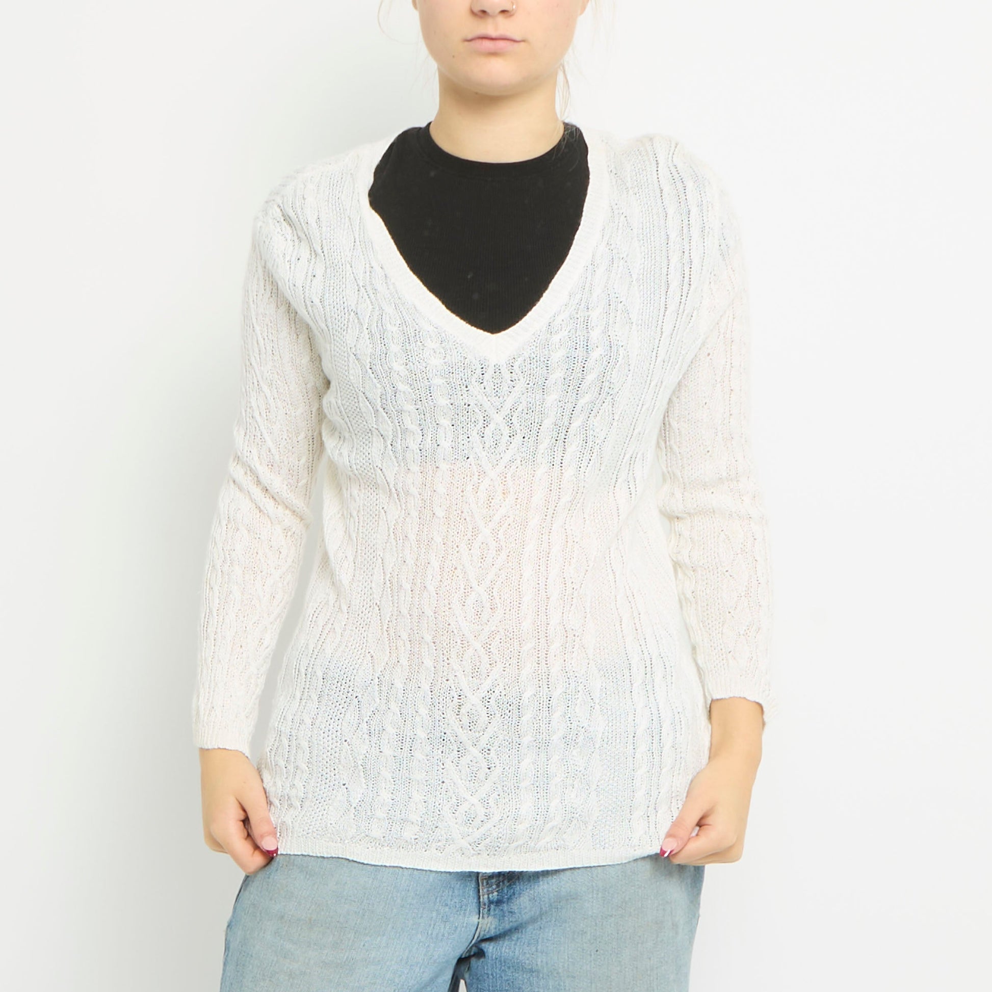 V-Neck Cable Knit Crochet Jumper - UK 10