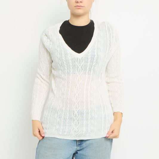 V-Neck Cable Knit Crochet Jumper - UK 10