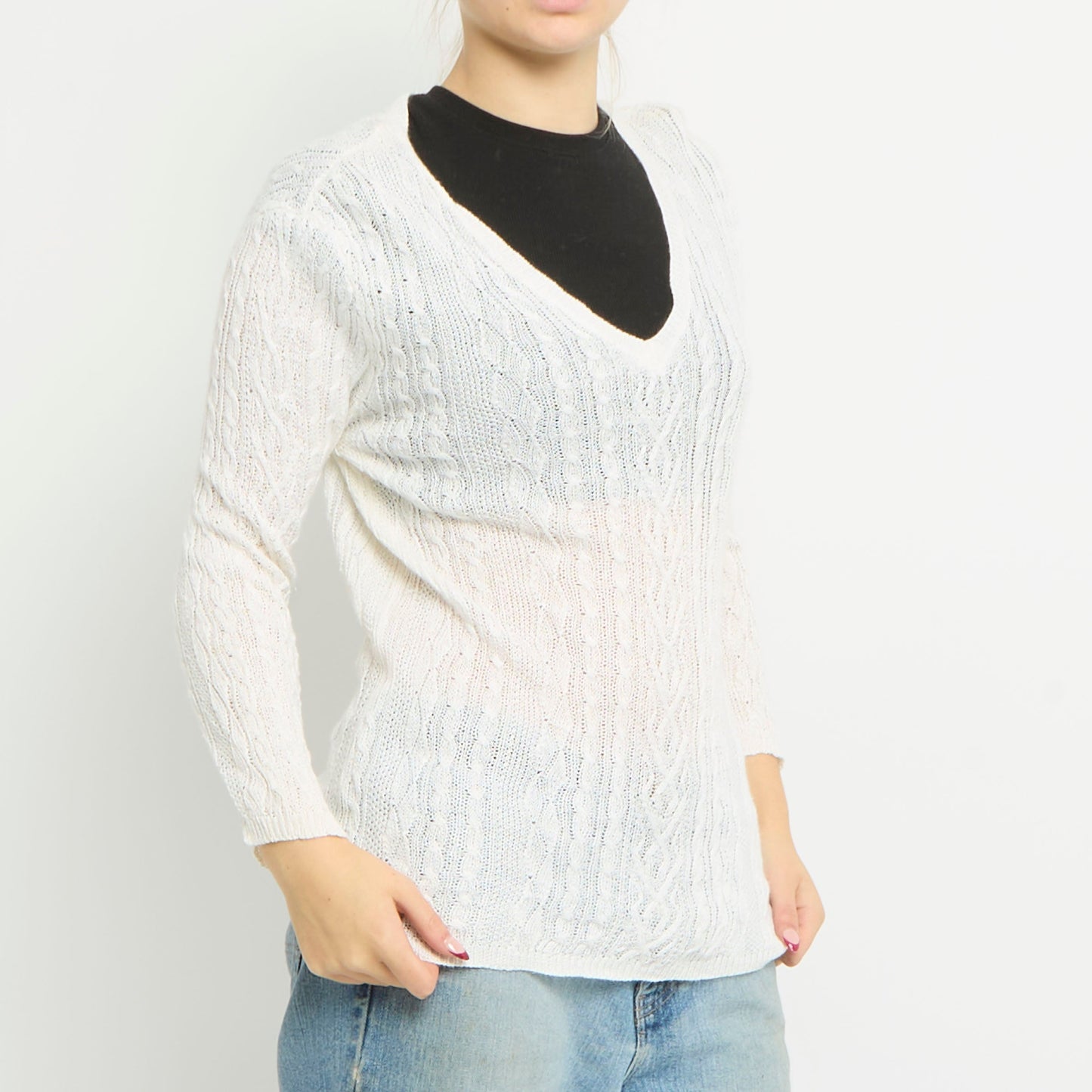 V-Neck Cable Knit Crochet Jumper - UK 10