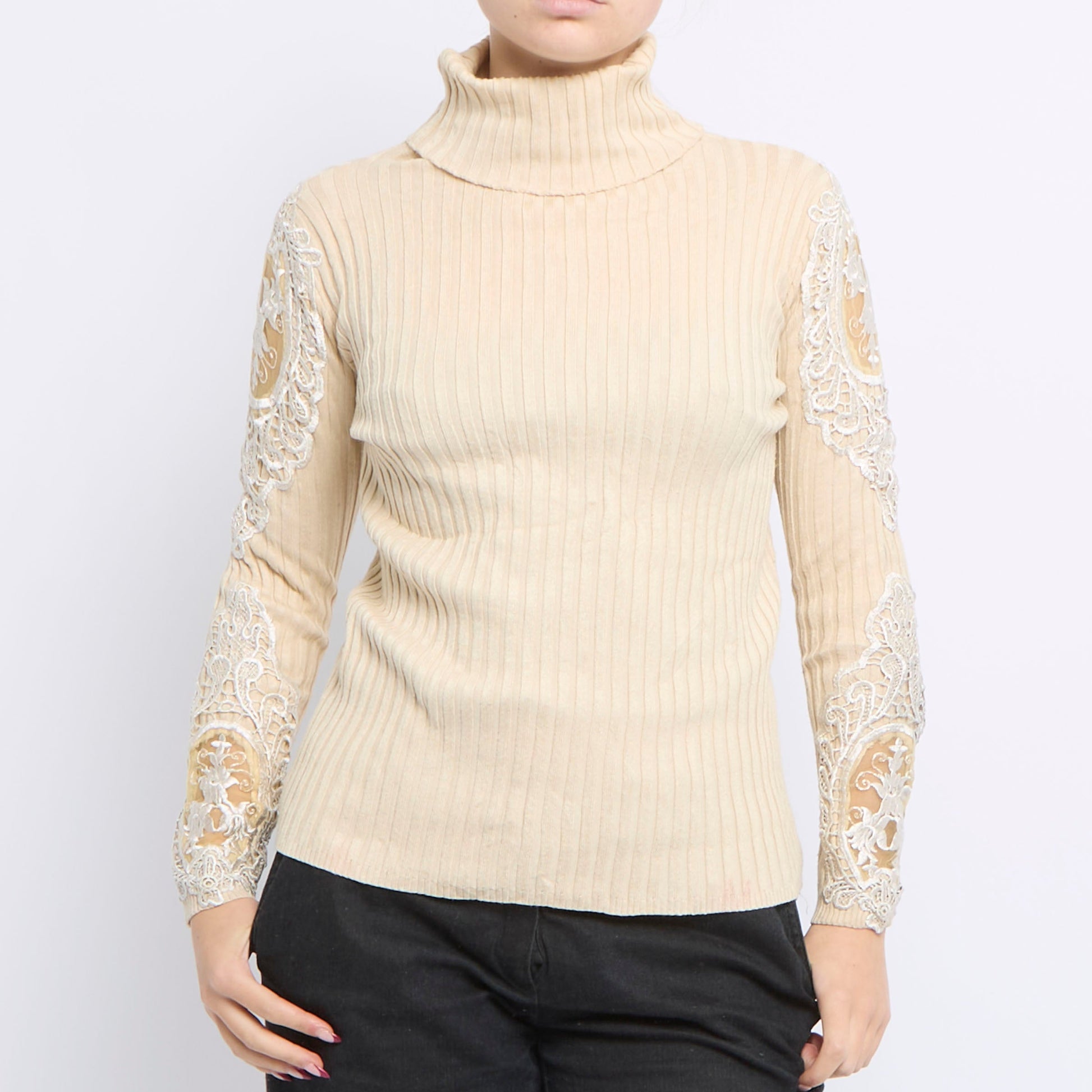 Embroided Detail Ribbed Turtleneck Sweater - UK 12