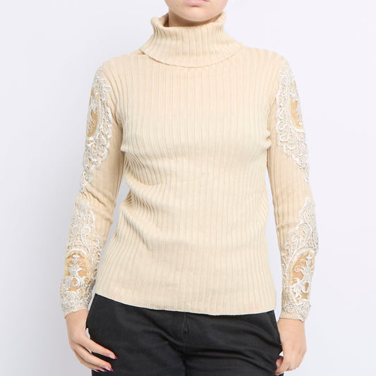 Embroided Detail Ribbed Turtleneck Sweater - UK 12