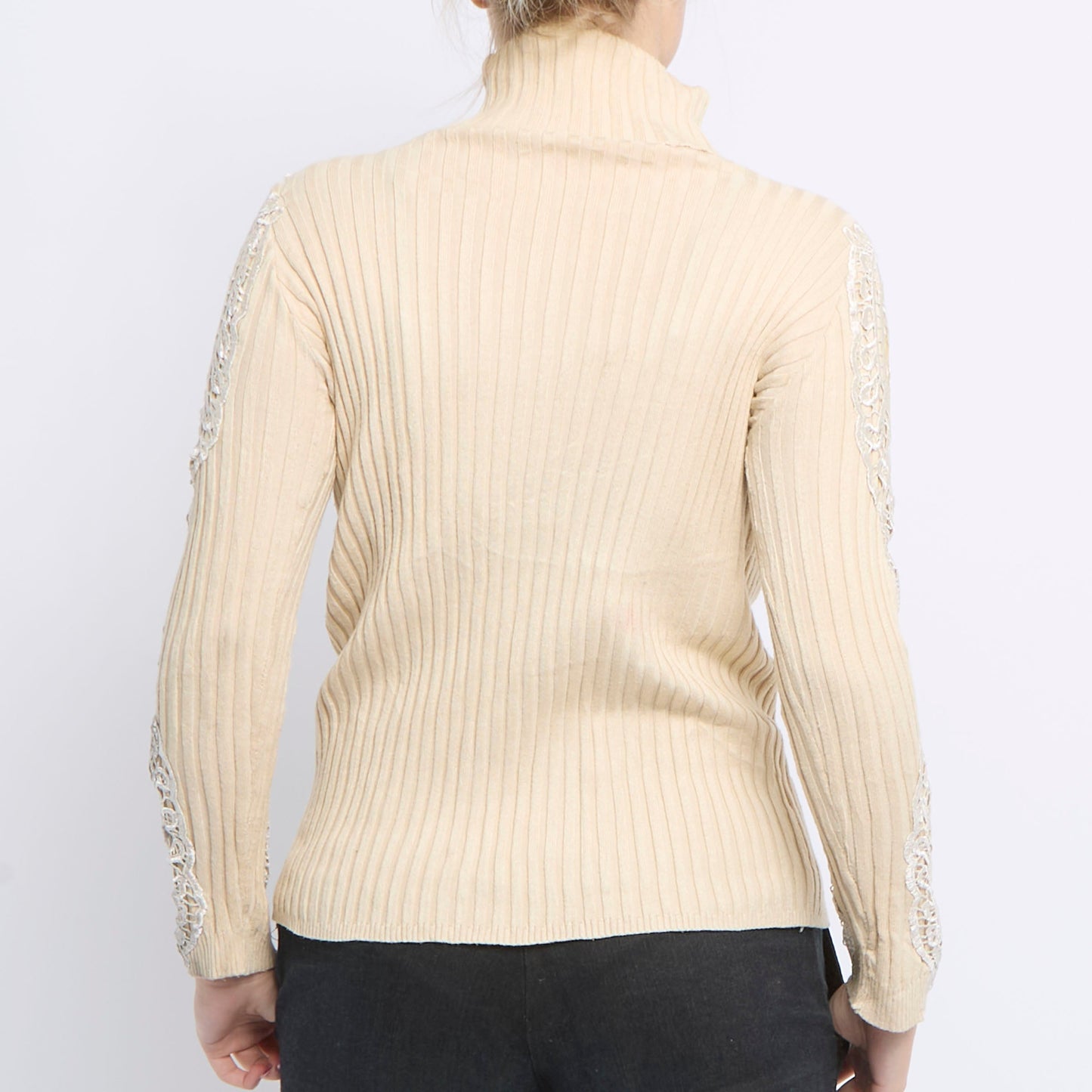 Embroided Detail Ribbed Turtleneck Sweater - UK 12