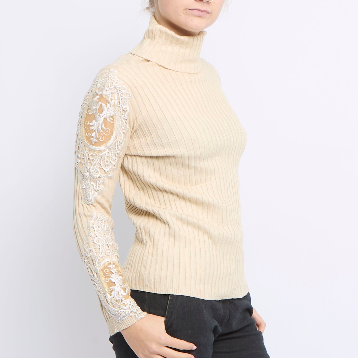 Embroided Detail Ribbed Turtleneck Sweater - UK 12