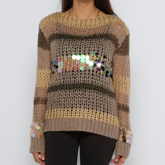 Mesh Knit Sweater With Sequin Embellishment - UK 12