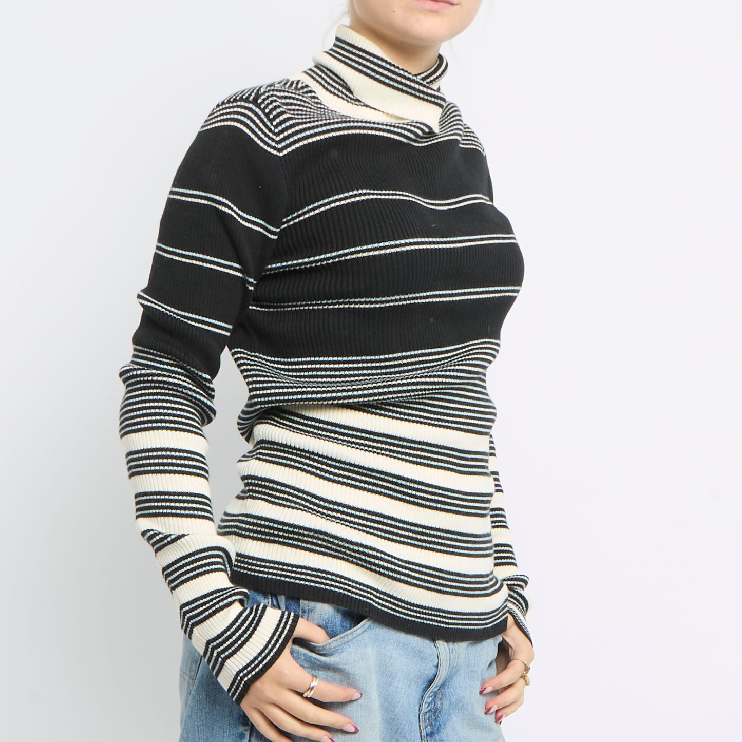 Polo Neck Stripe Knitted Top - UK 12