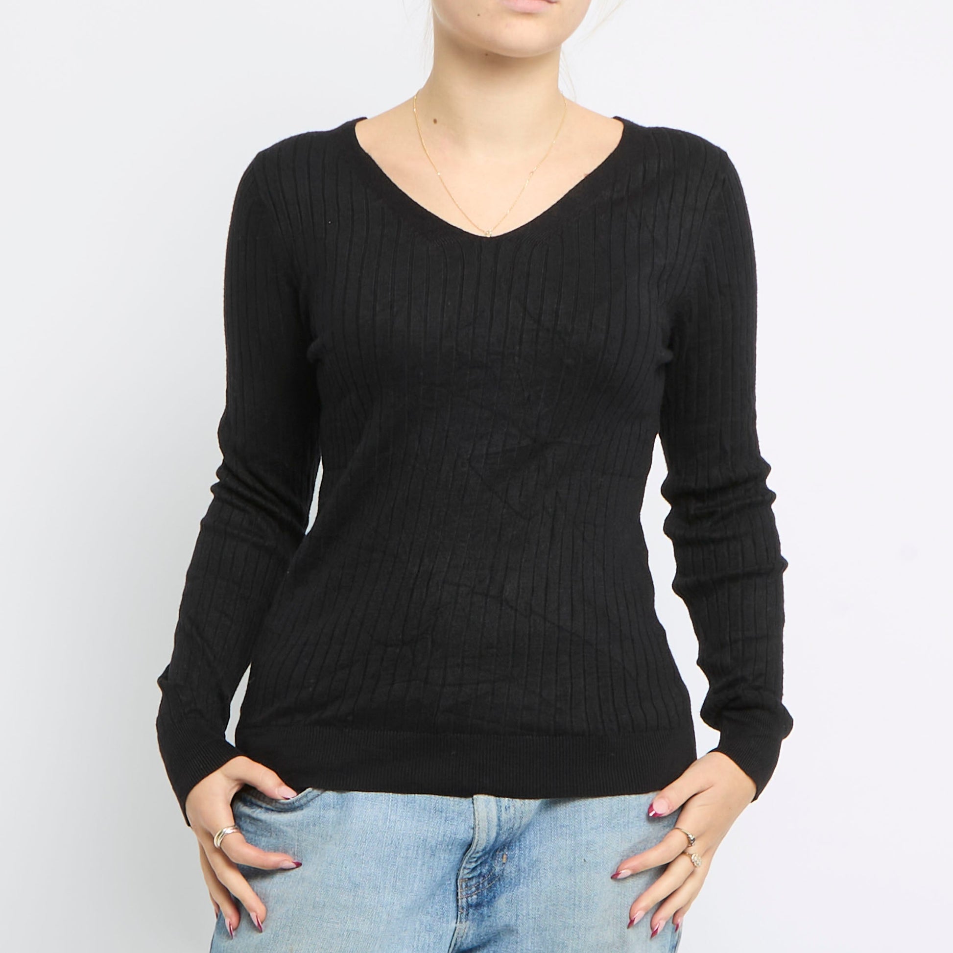 Ribbed V-Neck Knitted Top - UK 12