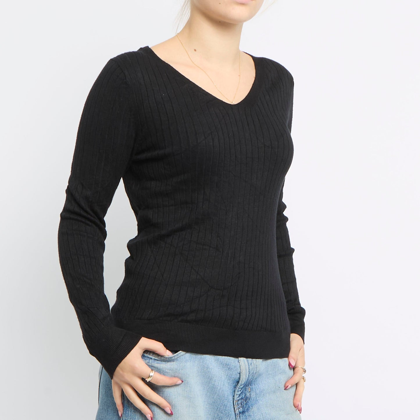 Ribbed V-Neck Knitted Top - UK 12