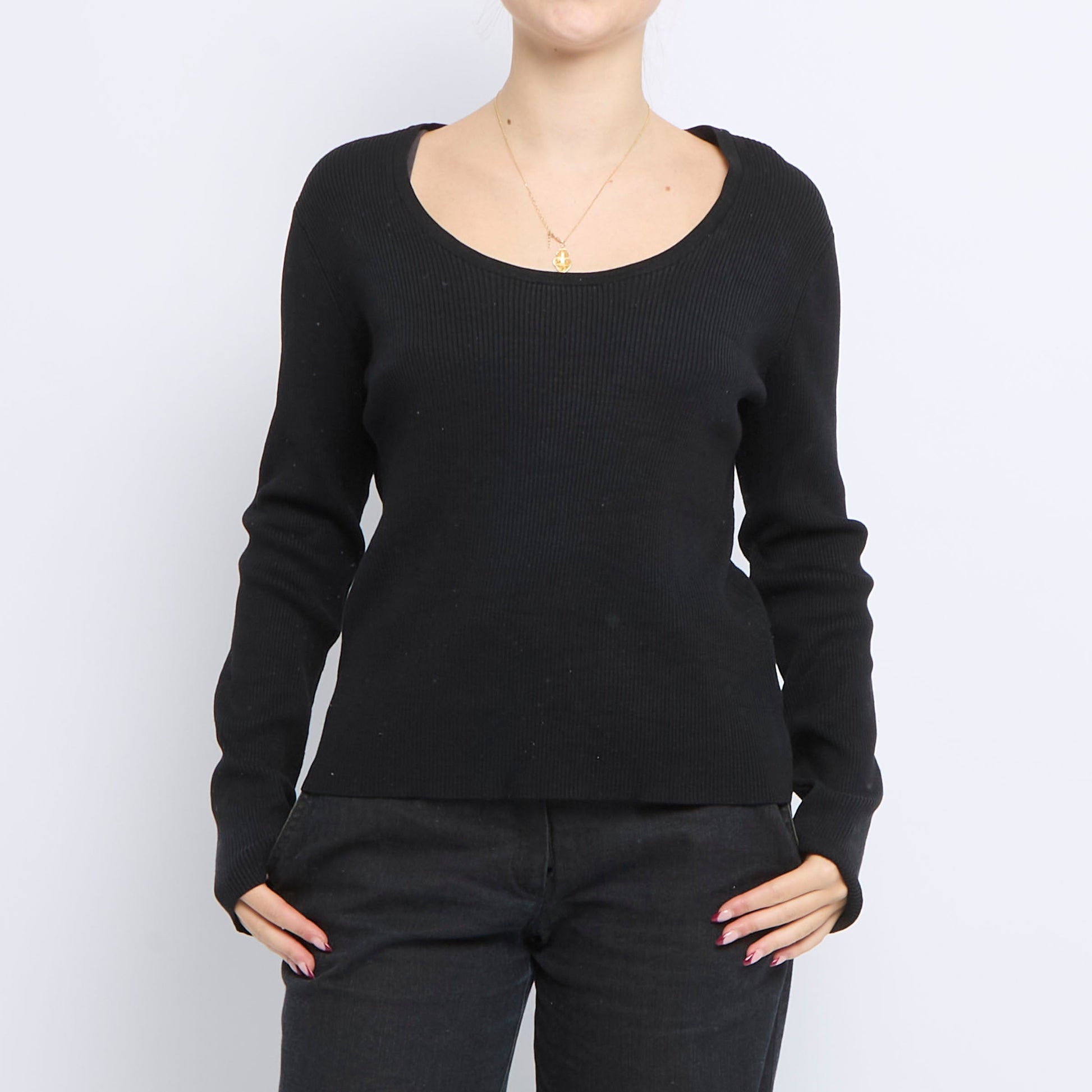 Ribbed Wide Neck Knitted Sweater - UK 12