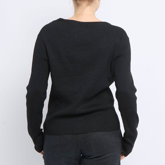 Ribbed Wide Neck Knitted Sweater - UK 12