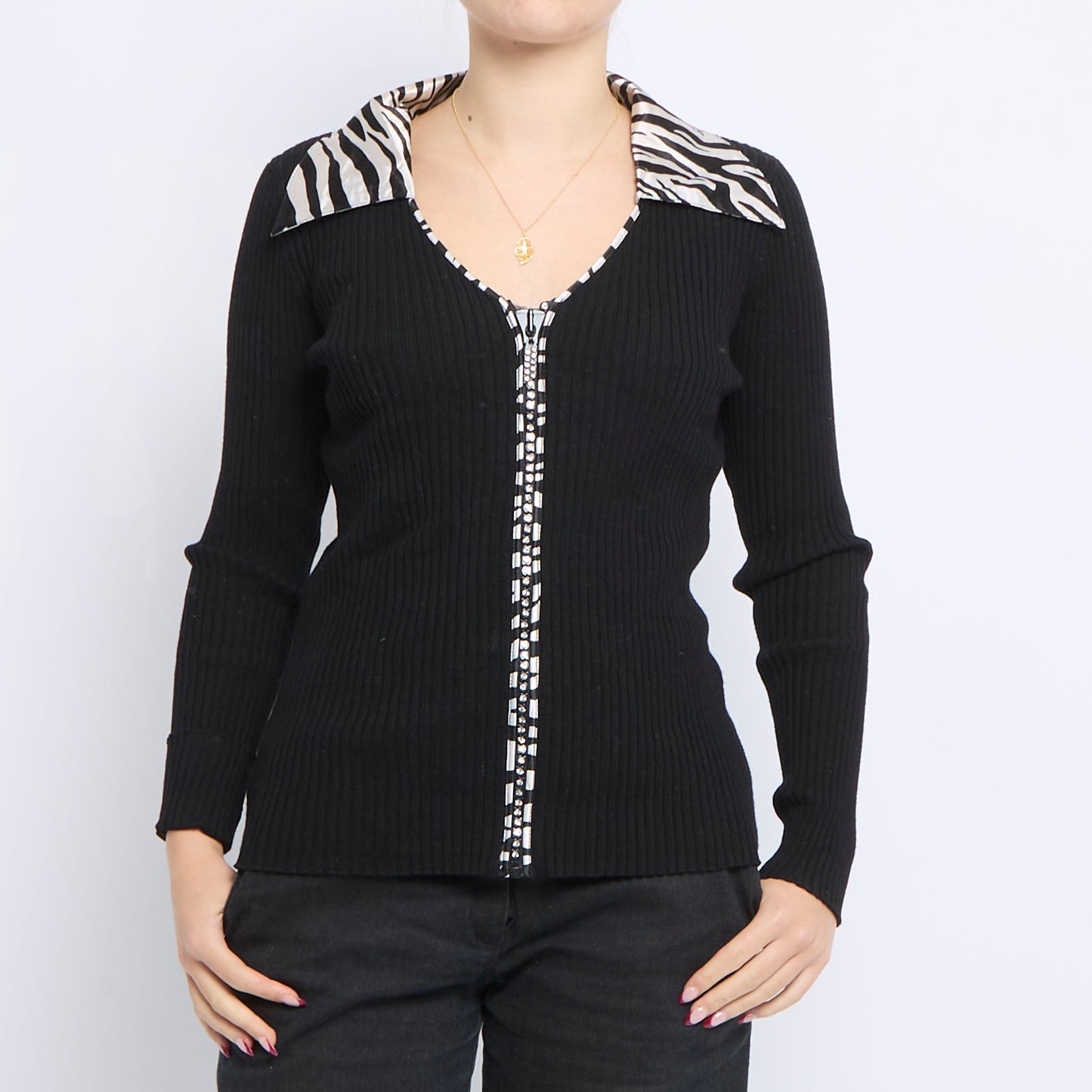 Zebra Detail Zip Up RIbbed Sweater - UK 12