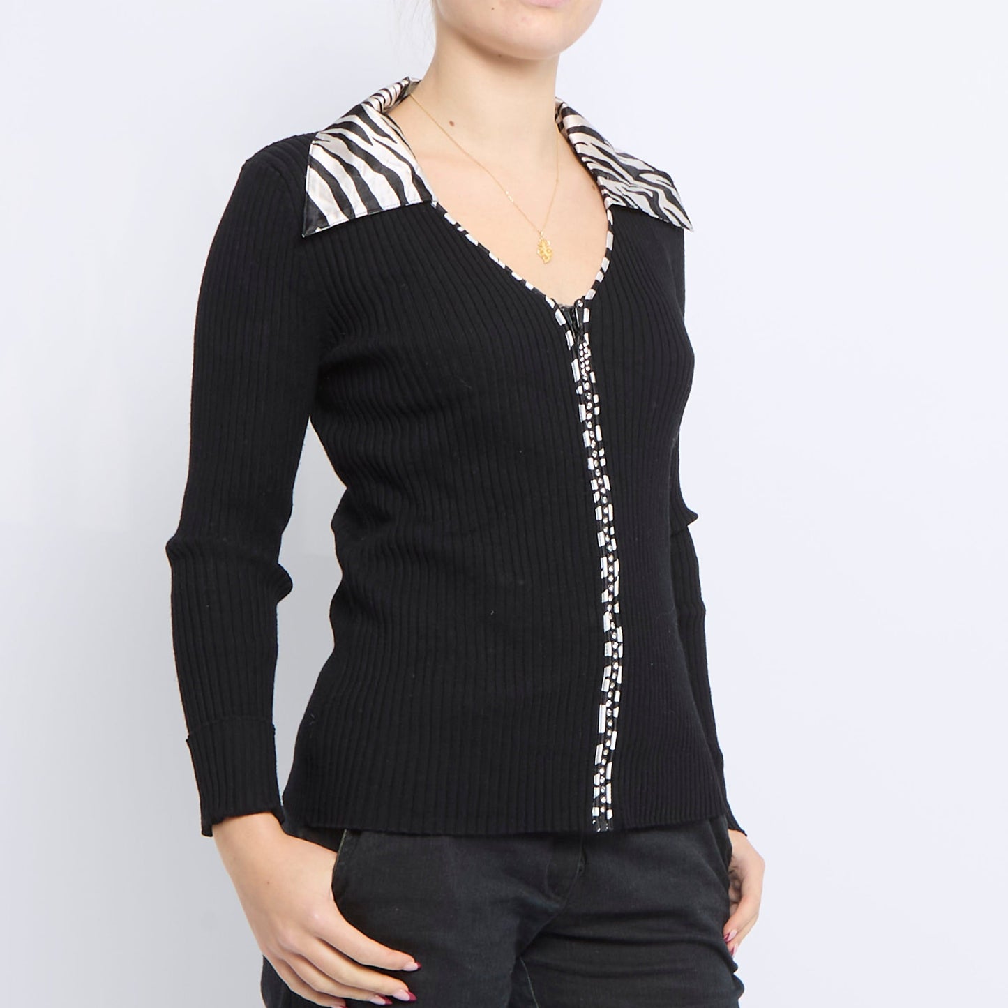 Zebra Detail Zip Up RIbbed Sweater - UK 12