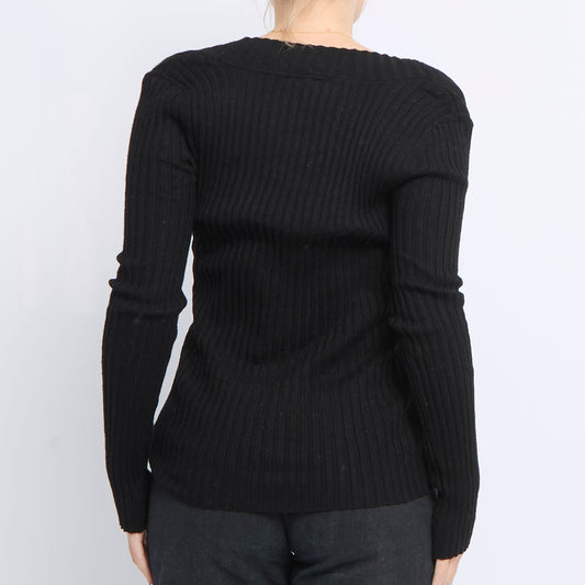 V-Neck Ribbed Knitted Sweater - UK 12