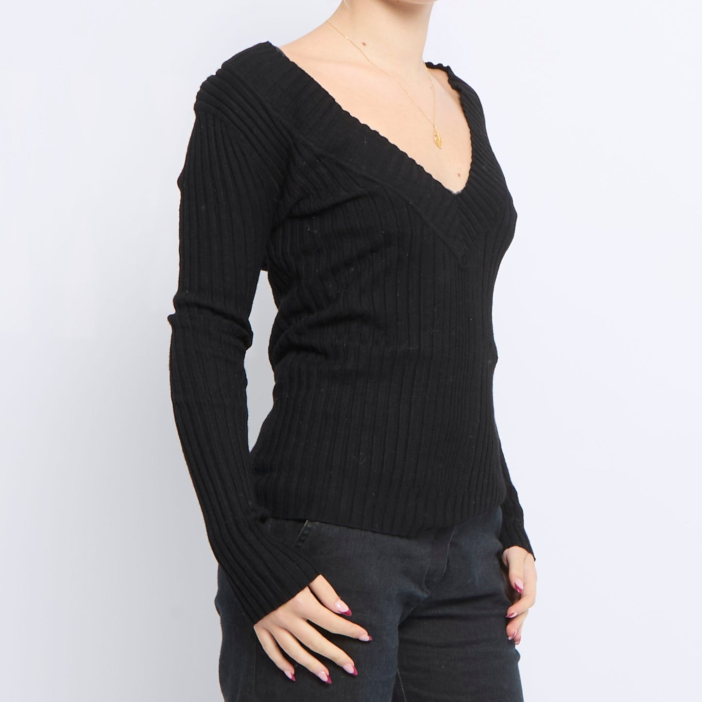 V-Neck Ribbed Knitted Sweater - UK 12