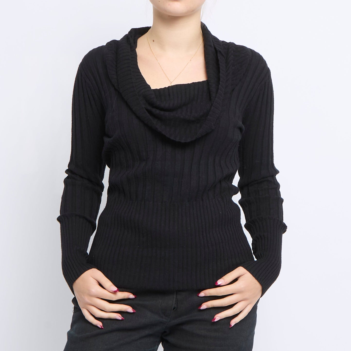 Cowl Neck Ribbed Knitted Sweater - UK 12