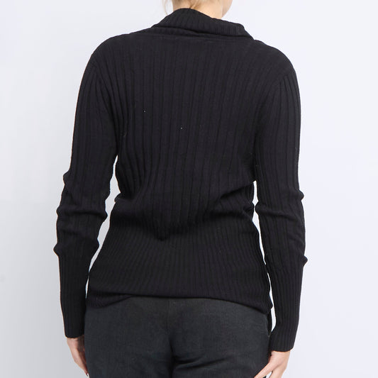 Cowl Neck Ribbed Knitted Sweater - UK 12