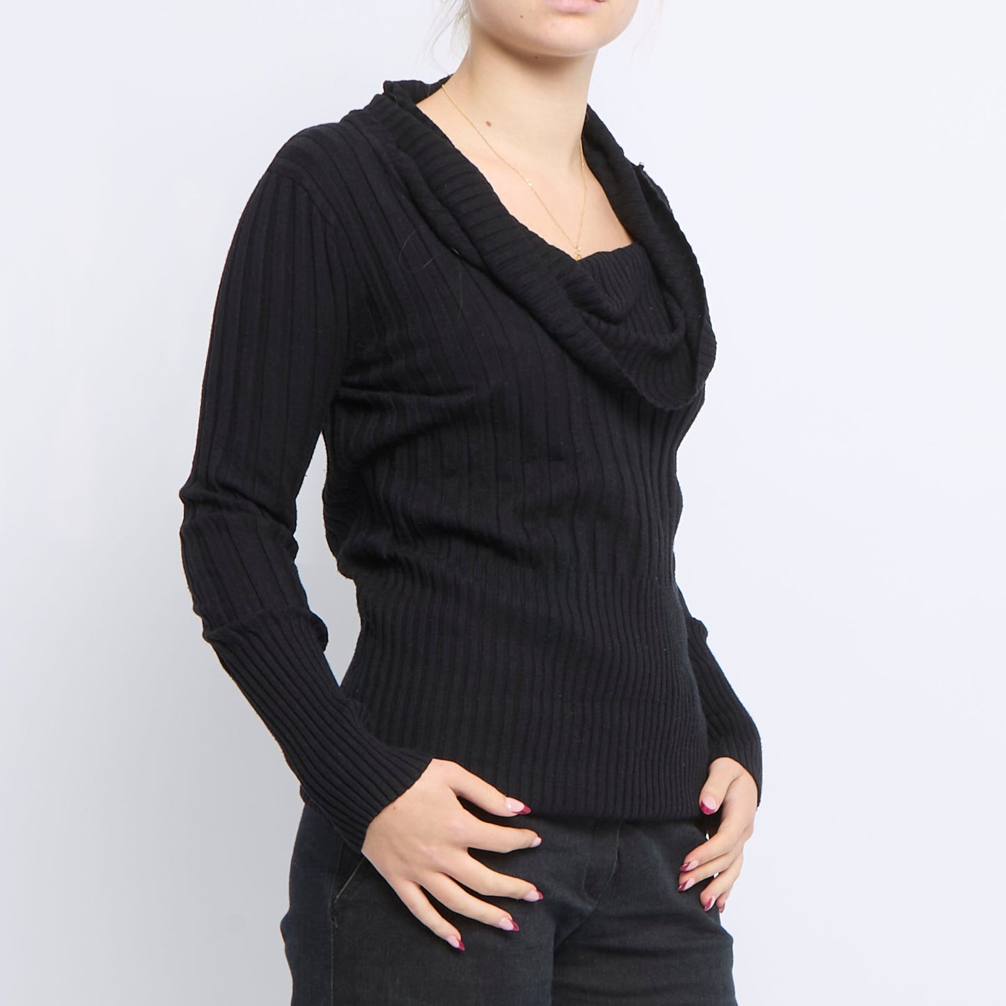 Cowl Neck Ribbed Knitted Sweater - UK 12