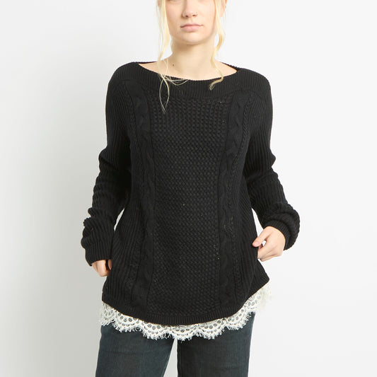 Tommy Hilfiger Cable Knit Jumper With Lace Detailing - UK 12