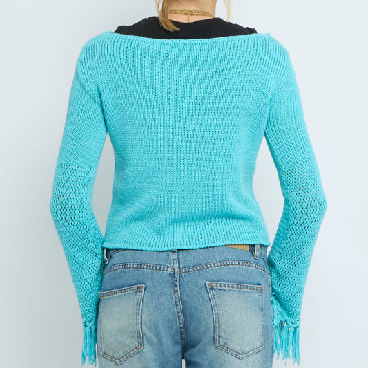 Knitted Sleeve Tassel Wide Neck Sweater - UK 12