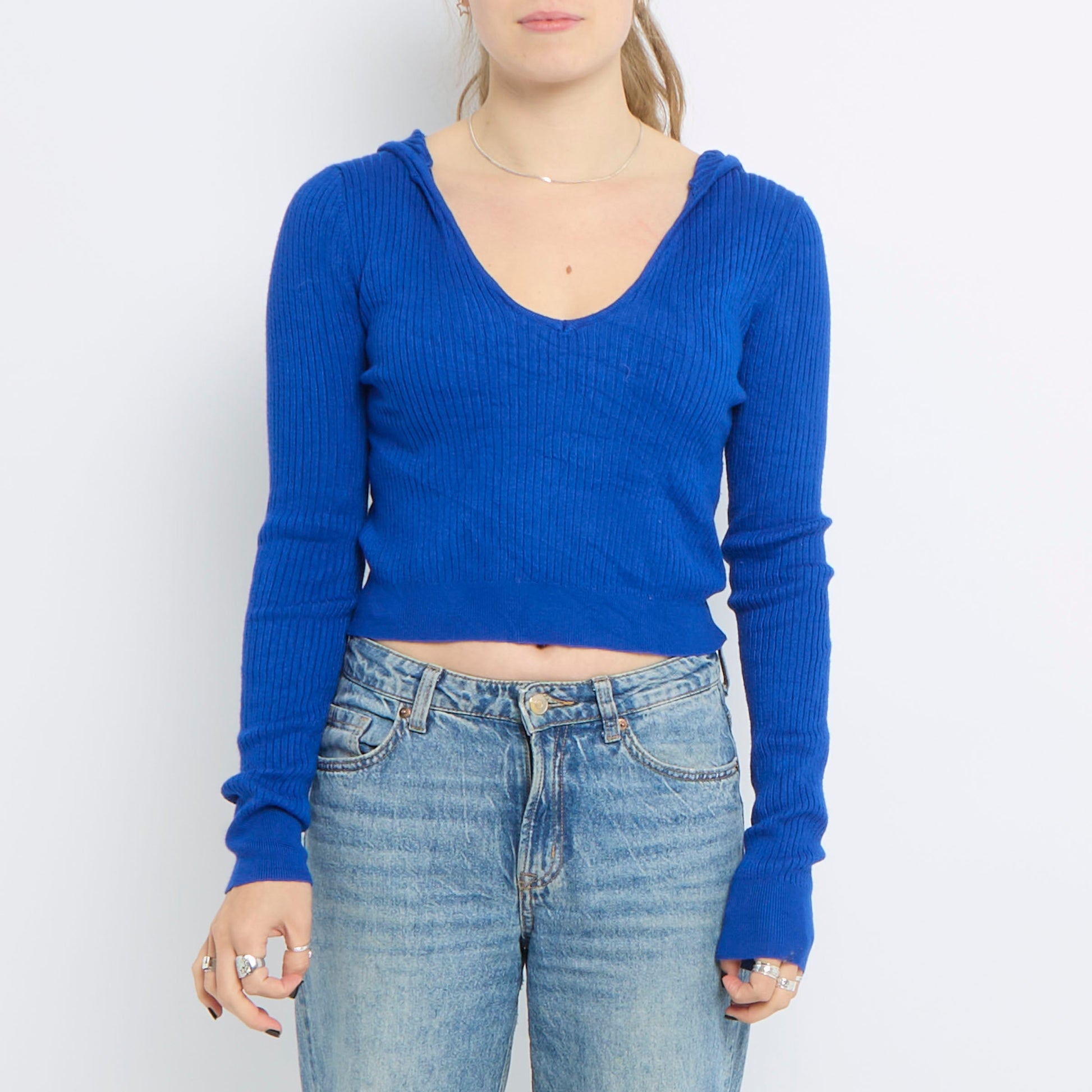 Low V-Neck Cropped Ribbed Top - UK 12