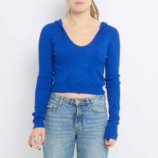 Low V-Neck Cropped Ribbed Top - UK 12