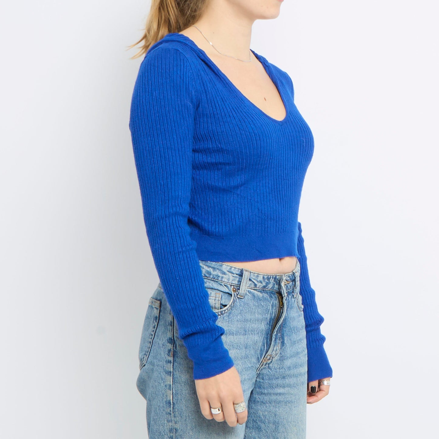 Low V-Neck Cropped Ribbed Top - UK 12