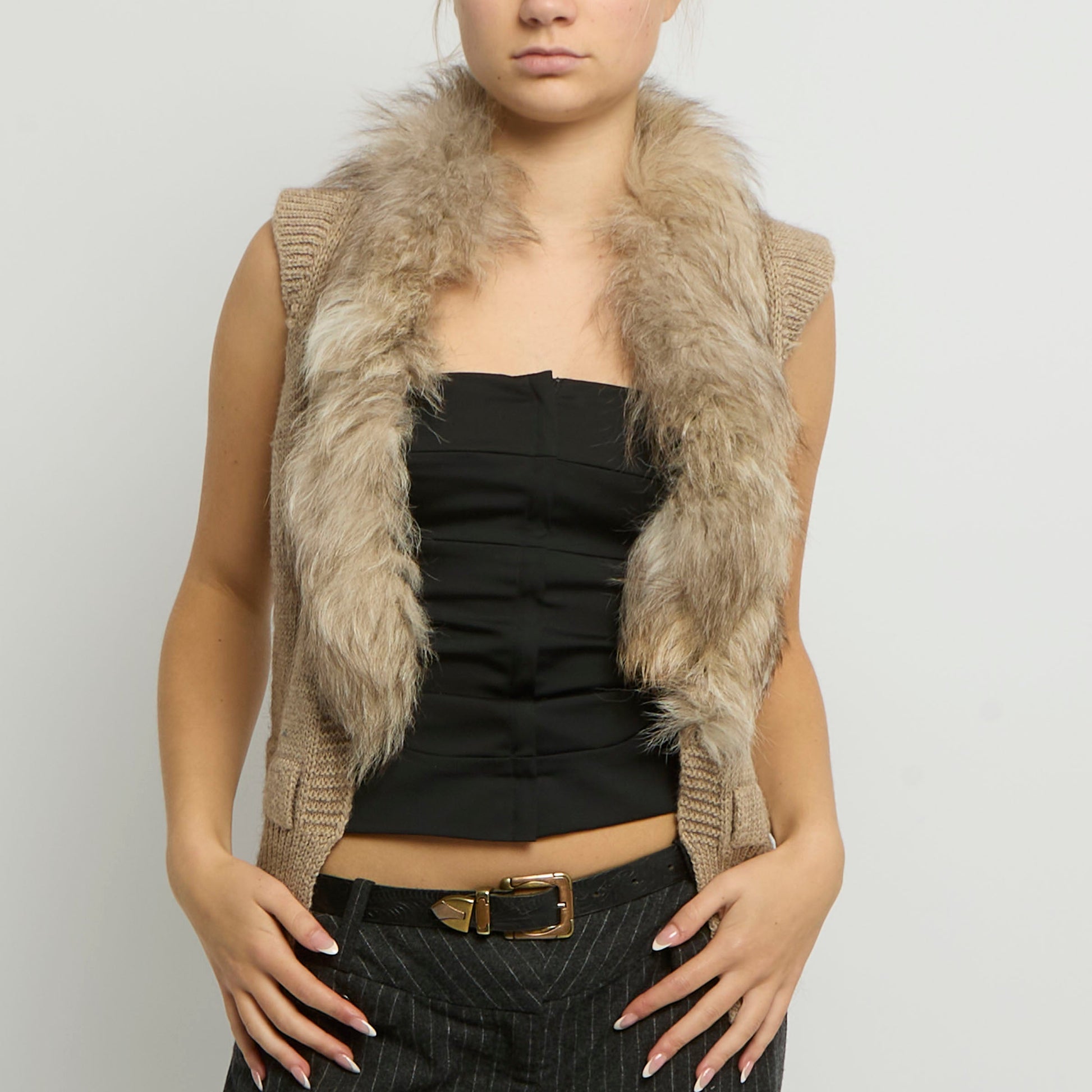 Fur Trim Sleeveless Cardigan - UK 12