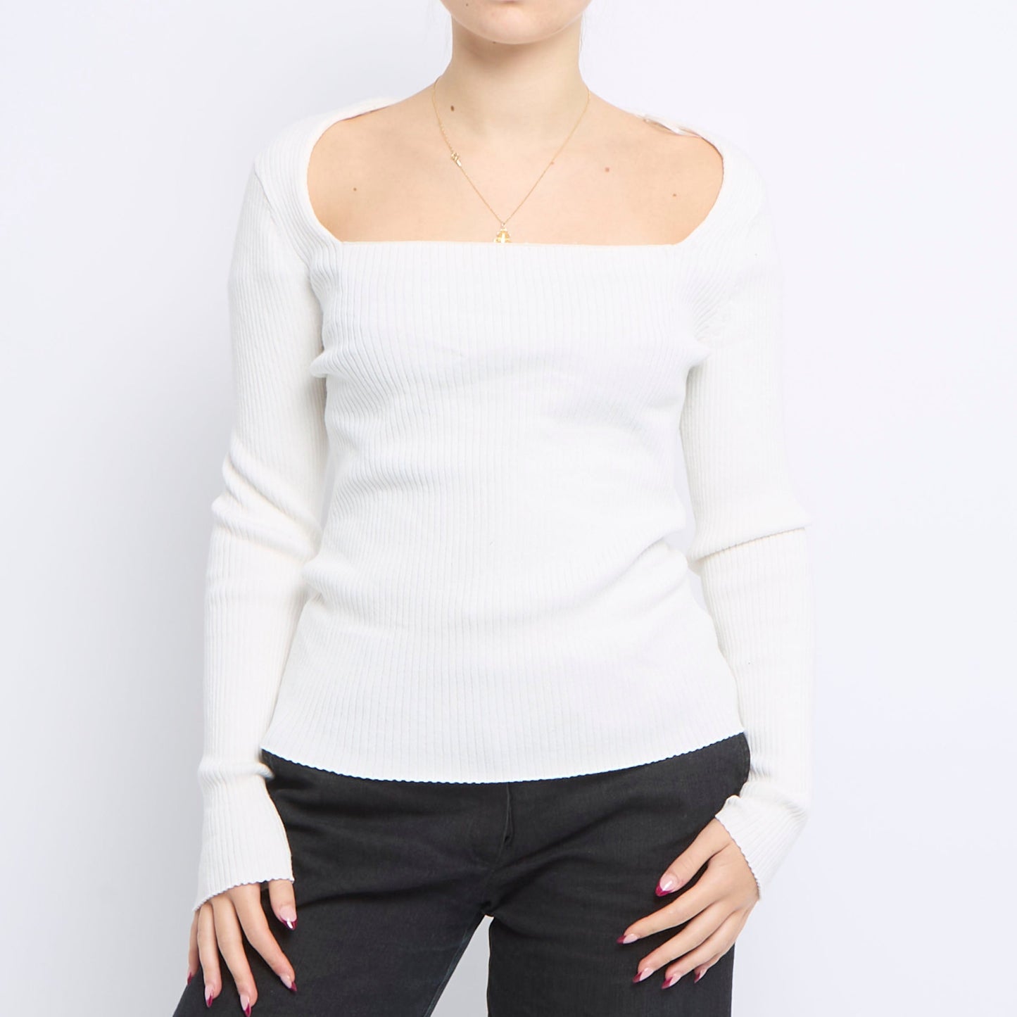 Ribbed Drop Neck Knitted Sweater - UK 12